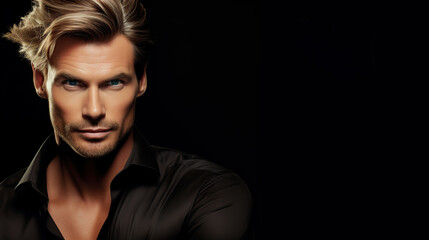 Obraz premium Confident male model with flowing hairstyle and black shirt