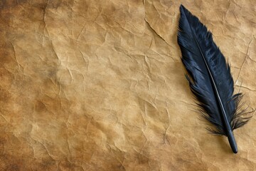 A single black quill pen on a dark aged parchment