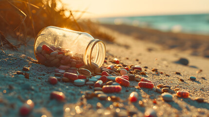 On the beach, a bottle containing pills and supplements, a medical solution intended for skin protection, a healthcare concept. generative AI - obrazy, fototapety, plakaty