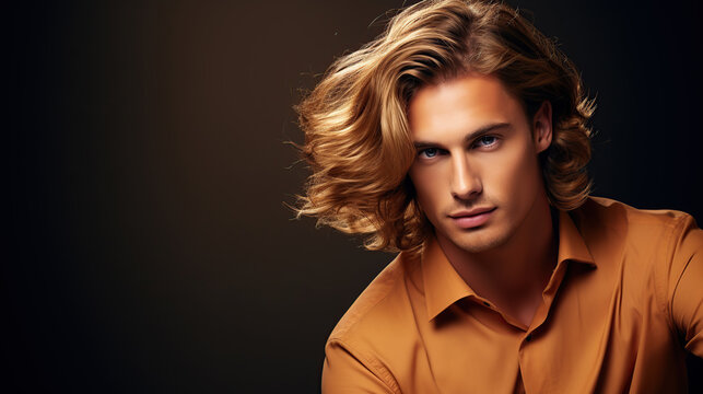 Young Male Model With Flowing Hair Posing in Orange Shirt Against Dark Background