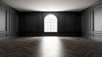 Black and white empty hall with hardwood flooring  AI generated illustration