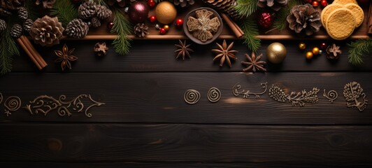 Christmas flat lay mockup with spruces, cones, spices on wood background texture. Horizontal banking background for web. Photo AI Generated