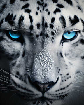A picture of a snow leopard with blue eyes