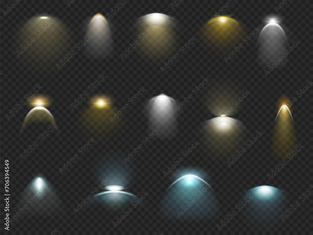 Poster Realistic wall lamp light effect with rays and bulbs. Vector isolated illumination shining and glowing for interior or products showcase. Spotlight for stage or shop, scene with sconces