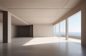 Fototapeta premium sunlit stark concrete space in beige tones. minimalist architectural design with pillars