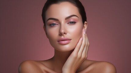 A beautiful attractive young woman touches her skin after a cosmetic procedure on a powdery background. Spa, natural beauty, makeup, cosmetics and care concepts.
