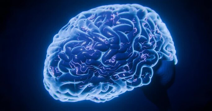 Artificial intelligence brain animation with effects of neural connections in the form of flowing lights conveying information. Concept of utilizing AI as a superbrain. 3d render