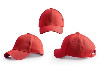 Three red baseball caps on a white background. Ideal for sports-themed designs and advertisements