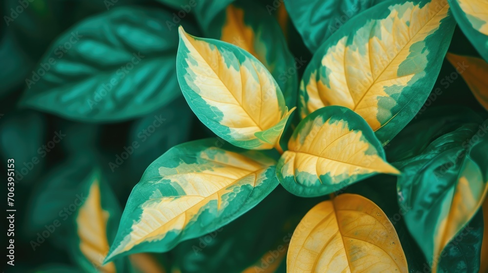 Poster A close-up view of a plant showcasing its vibrant yellow and green leaves. Perfect for adding a pop of color to any design or project