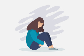 Fototapeta na wymiar Woman in depression. Young sad girl sitting and unhappy hugging her knees. Vector illustration.