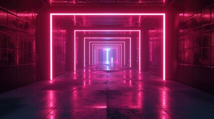 A picture of a long hallway illuminated by vibrant red neon lights. Perfect for creating a mysterious and dramatic atmosphere.