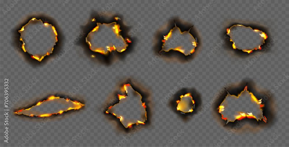 Poster Burn paper fire with realistic charred edges. Vector holes on sheet, realistic page effect with ashes from flames. Torn borders and ripped frames with copy space, empty shapes with texture