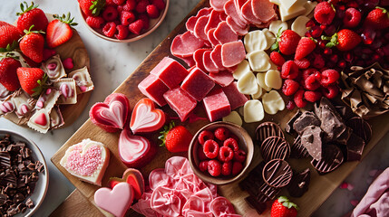 Comprising sweets, strawberries, chocolate, and cookies, a Valentine's Day charcuterie board is crafted to offer a traditional and romantic snack for the holiday. Heard shapes, generative AI