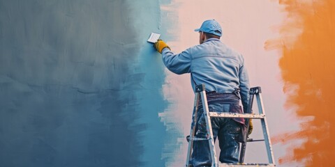 Obraz premium A man is seen painting a wall while standing on a ladder. This image can be used to depict home improvement, renovation, or DIY projects