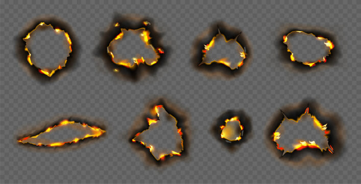 Burn paper fire with realistic charred edges. Vector holes on sheet, realistic page effect with ashes from flames. Torn borders and ripped frames with copy space, empty shapes with texture
