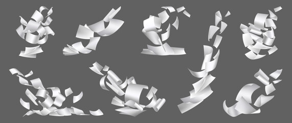 Sheets of paper falling down, blown away by wind. Vector isolated a4 documents with copy space scattered in air. Pile of blank notes with curved corners or office paperwork flying chaotically