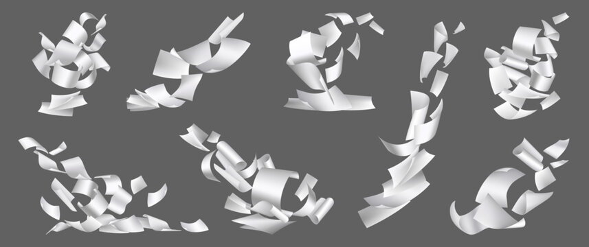 Sheets of paper falling down, blown away by wind. Vector isolated a4 documents with copy space scattered in air. Pile of blank notes with curved corners or office paperwork flying chaotically