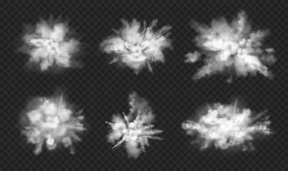 White powder explosion with dirt and cloud of smoke. Vector isolated splash or splatter of flour or sand with particles. Flying dusty burst on transparent background, realistic haze effect - obrazy, fototapety, plakaty