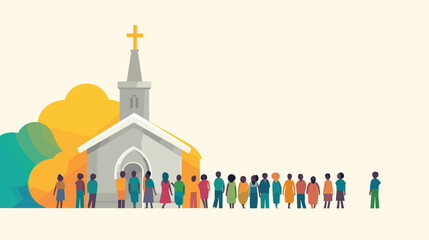 diversity and inclusivity of church congregations in a vector scene featuring individuals of different ages, ethnicities, and backgrounds coming together for worship. 