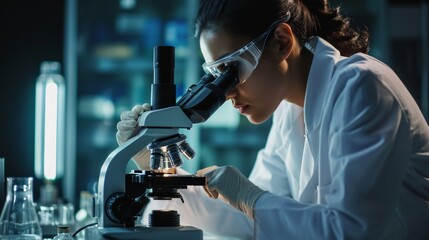 Medical Science Laboratory: Portrait of Beautiful Scientist Looking Under Microscope Does Analysis of Test Sample.