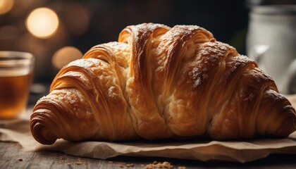 Fresh croissant on wooden table, closeup