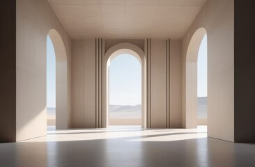 Fototapeta na wymiar Minimalist architectural space in beige tones with arc with sunlight in stark concrete area