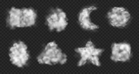 Smoky frames, isolated geometric shapes of round, square and triangle, star and moon figure. Vector mist or vapor borders, gas or evaporating smoke. Fluffy cloud on transparent background © Sensvector