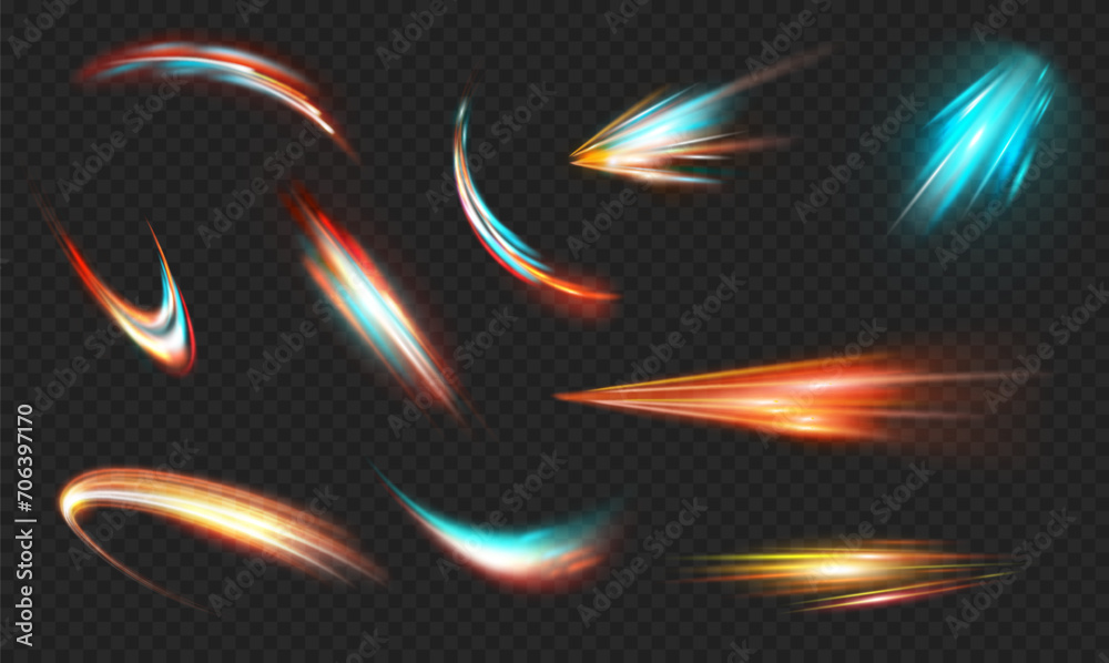 Poster high speed motion blurry trails. vector isolated effects of movement, futuristic flash perspective. 