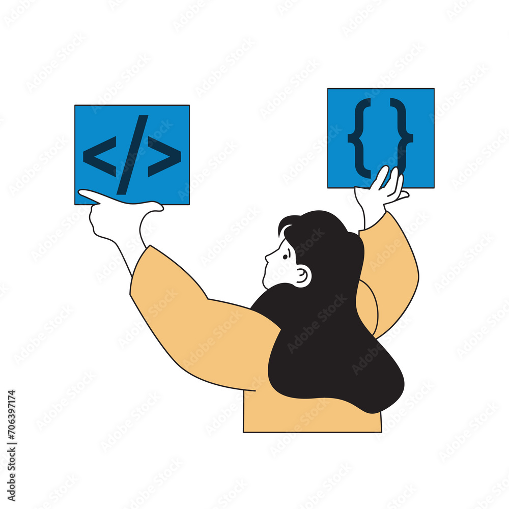Poster programming concept with cartoon people in flat design for web. woman creating app code, scripts and