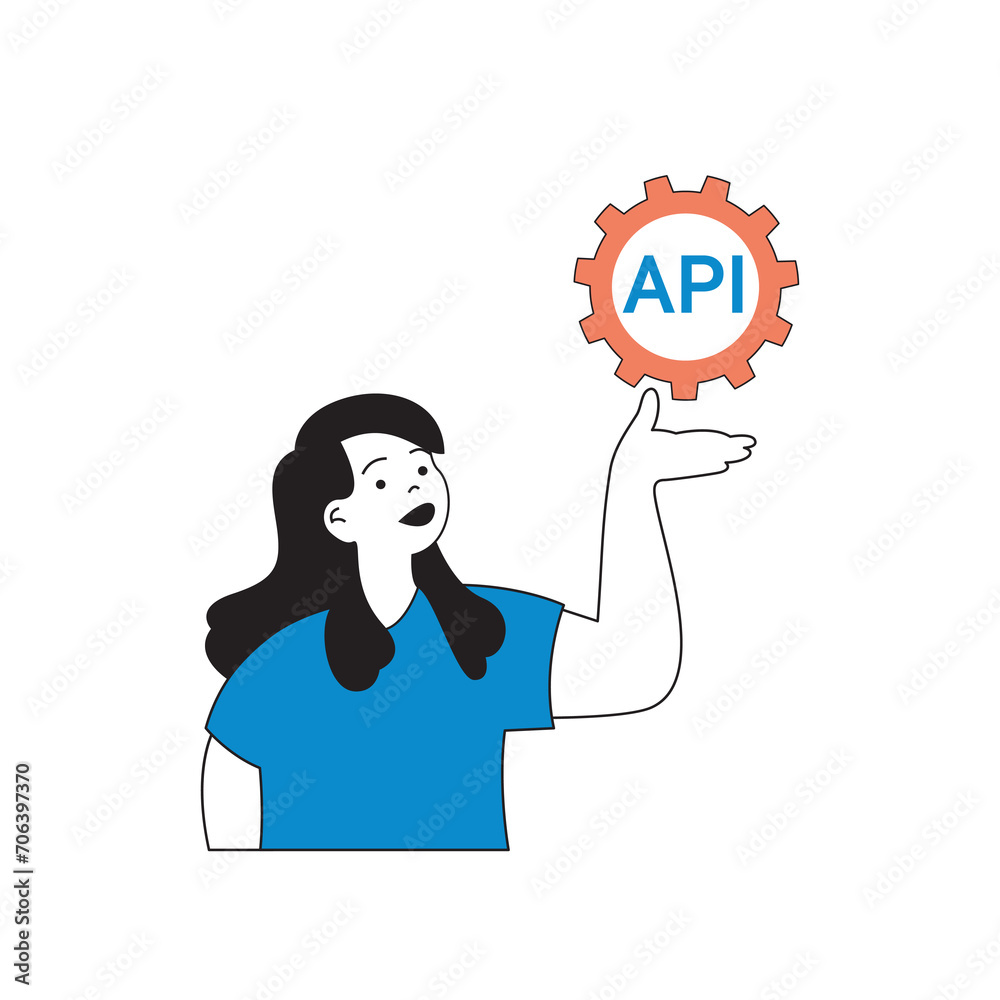 Fototapete programming concept with cartoon people in flat design for web. woman working with api, creates inte