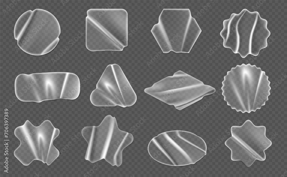 Aufkleber Transparent round and square adhesive stickers mock up set. Vector isolated realistic labels with crumpled texture and creases, sticky banner with glued effect. Blank adhesive paper or plastic