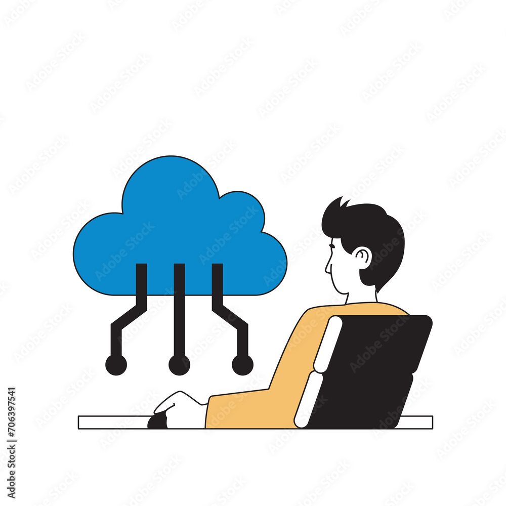 Fototapete Programming concept with cartoon people in flat design for web. Man coding and engineering apps, using cloud computing and processing. Vector illustration for social media banner, marketing material.