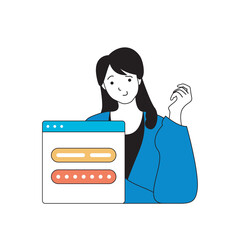 Programming concept with cartoon people in flat design for web. Woman coding and engineering apps, using safety login access to system. Vector illustration for social media banner, marketing material.