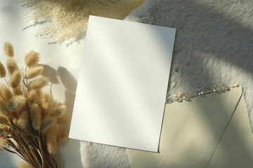 Top view mockup blank card, for greeting, wedding invitation template with grass flower on earthy...