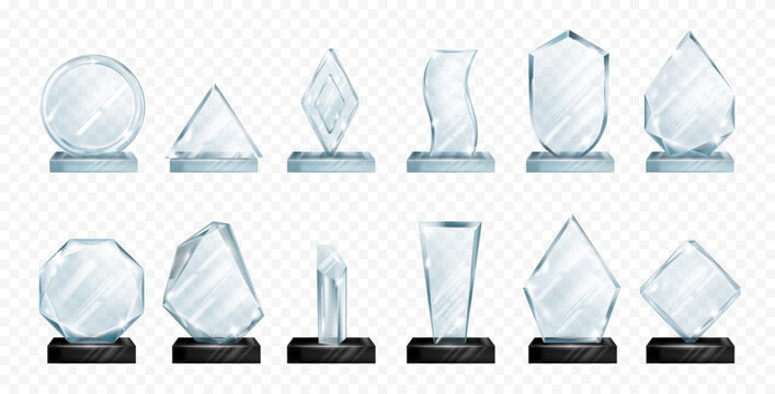 Clear glossy glass trophy for winner of competition or contest. Vector isolated realistic crystal badges on pedestal with shiny effect. Championship and success, reward for work, plexiglass award