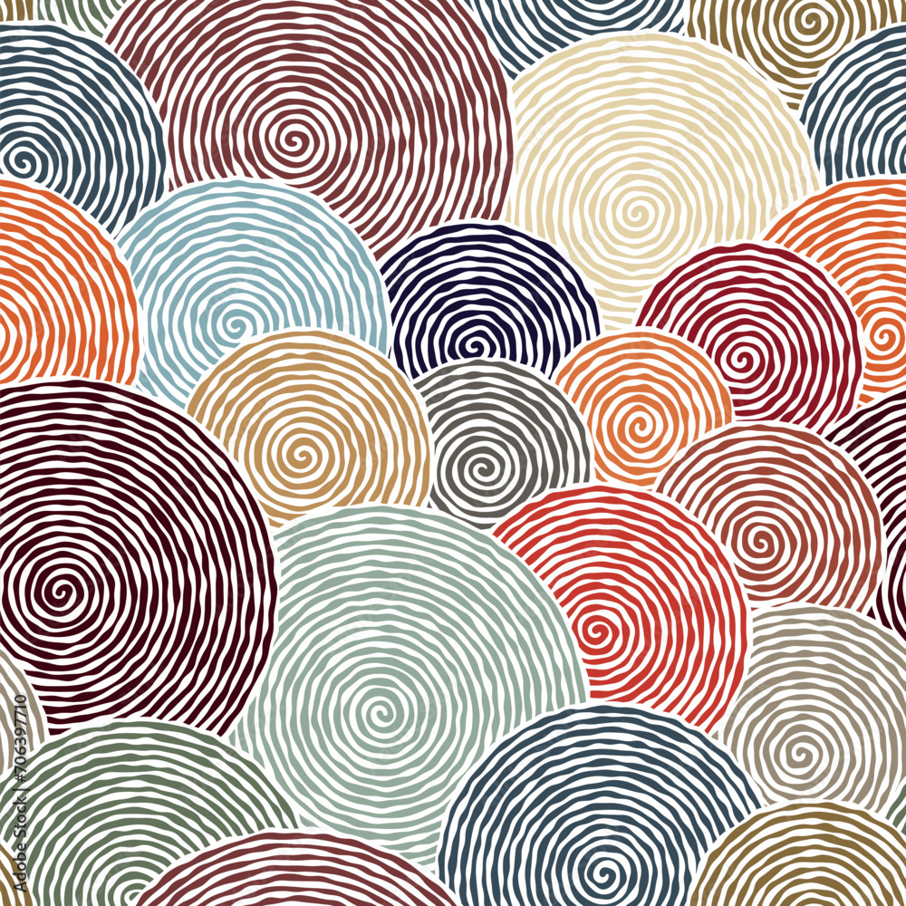 Sticker composition of multicolored circles with optical illusion spirals. abstract geometric background. mo