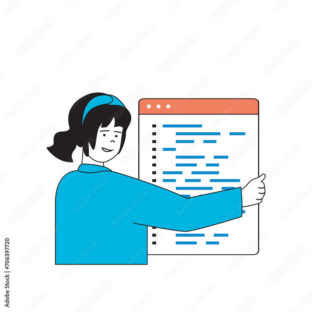 Fototapete Programming concept with cartoon people in flat design for web. Woman coding and engineering apps, testing and fixing product code. Vector illustration for social media banner, marketing material.