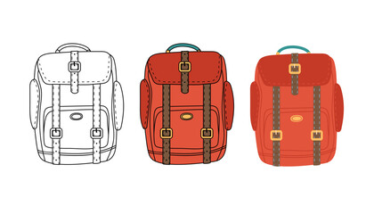 Camping Backpack. Flat and lineart vector illustration for travel, nikes, trips tourism, voyage or vacation isolated on white background. Sports or camping bag. Model with pockets and belts. - obrazy, fototapety, plakaty