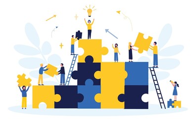 Business concept. Team metaphor. People connect puzzle elements. Flat illustration in flat design style. Teamwork, collaboration, partnership. Businessmen working together and moving towards success.