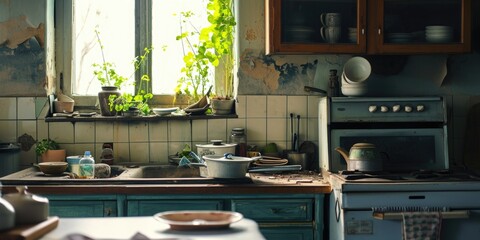 A picture of a dirty kitchen with a window and a sink. This image can be used to depict a neglected or messy kitchen. Suitable for illustrating cleaning, home improvement, or renovation concepts - obrazy, fototapety, plakaty
