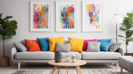 Modern Eclecticism: Grey Sofa with Vibrant Pillows and Art Frames in Living Room