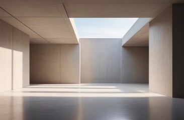 elegant interior in minimalistic style. Empty room with beige walls, concrete floor and sunlight.