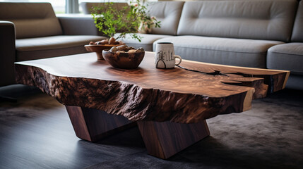 Organic Beauty: Close-Up Shot of Live Edge Wooden Coffee Table in Modern Living Space