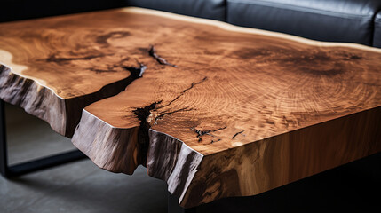 Organic Beauty: Close-Up Shot of Live Edge Wooden Coffee Table in Modern Living Space