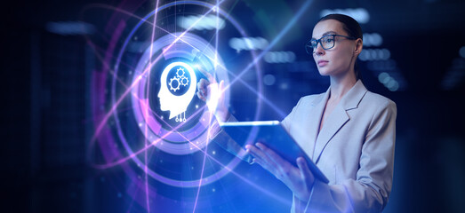 Machine learning AI Artificial intelligence neural network concept. Woman using augmented reality virtual screen.