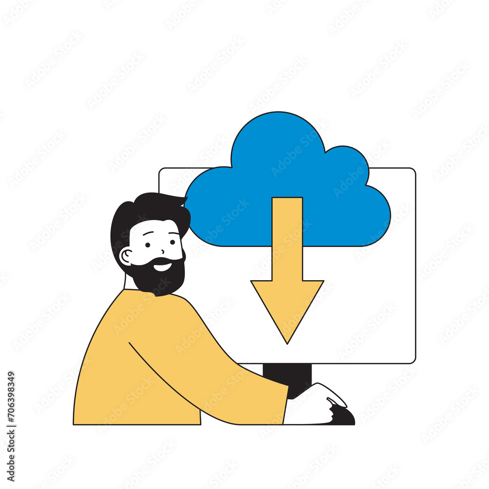 Leinwandbilder cloud computing concept with cartoon people in flat design for web. man downloading data from online