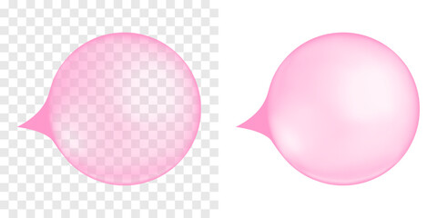 Inflated pink bubble gum. Strawberry or cherry chewing bubblegum ball isolated on transparent and white background. Cute girly design element. Vector realistic illustration. - obrazy, fototapety, plakaty