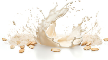 Oat milk splash with almonds isolated on white background - obrazy, fototapety, plakaty