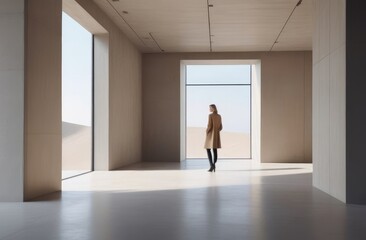 Fototapeta premium minimalist architectural design in beige tones. female figure in sunlit stark concrete space