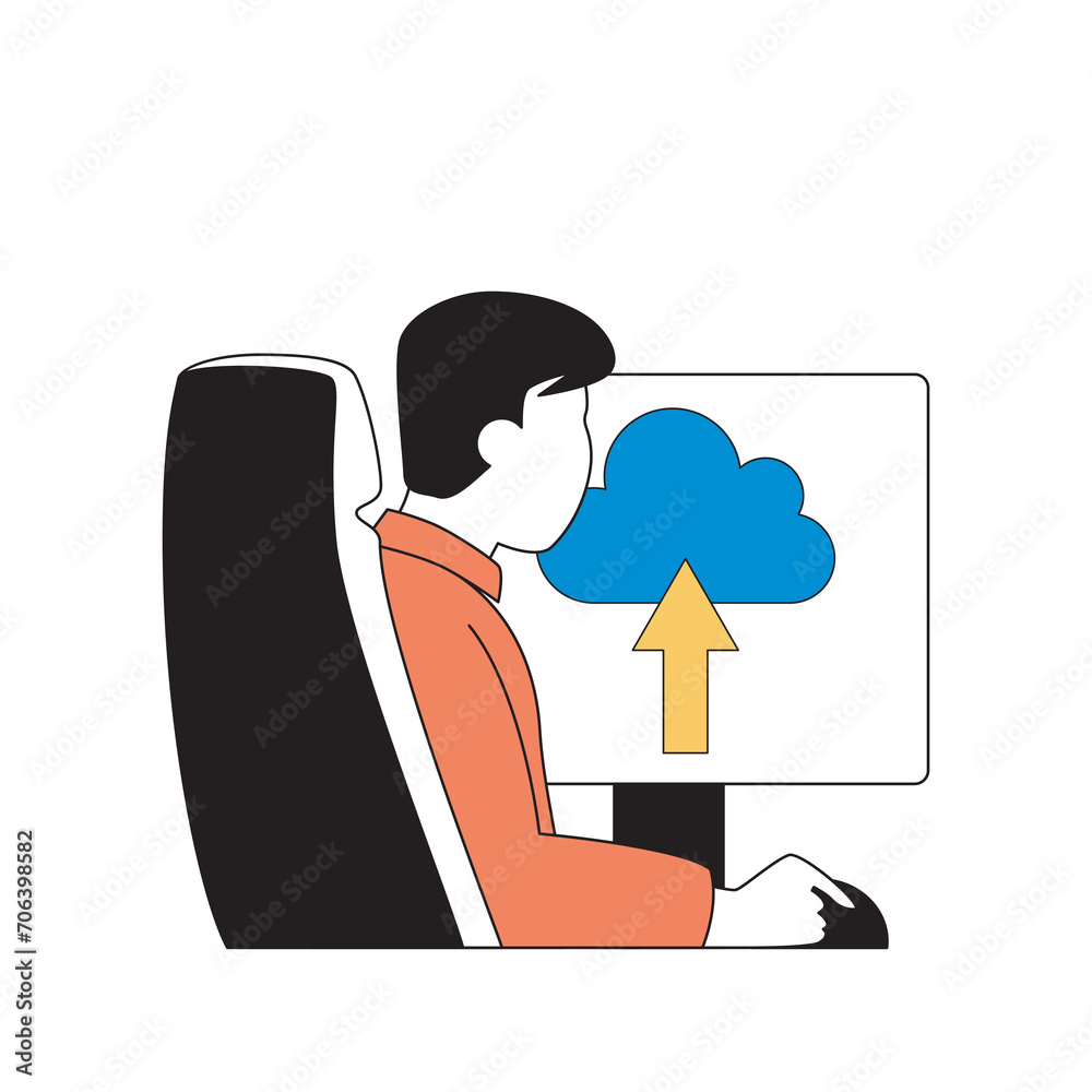 Wall mural cloud computing concept with cartoon people in flat design for web. man uploading data to online sto